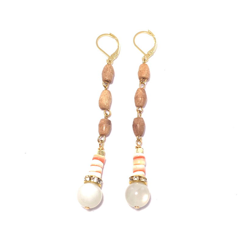Tan Wood and Coral Earrings